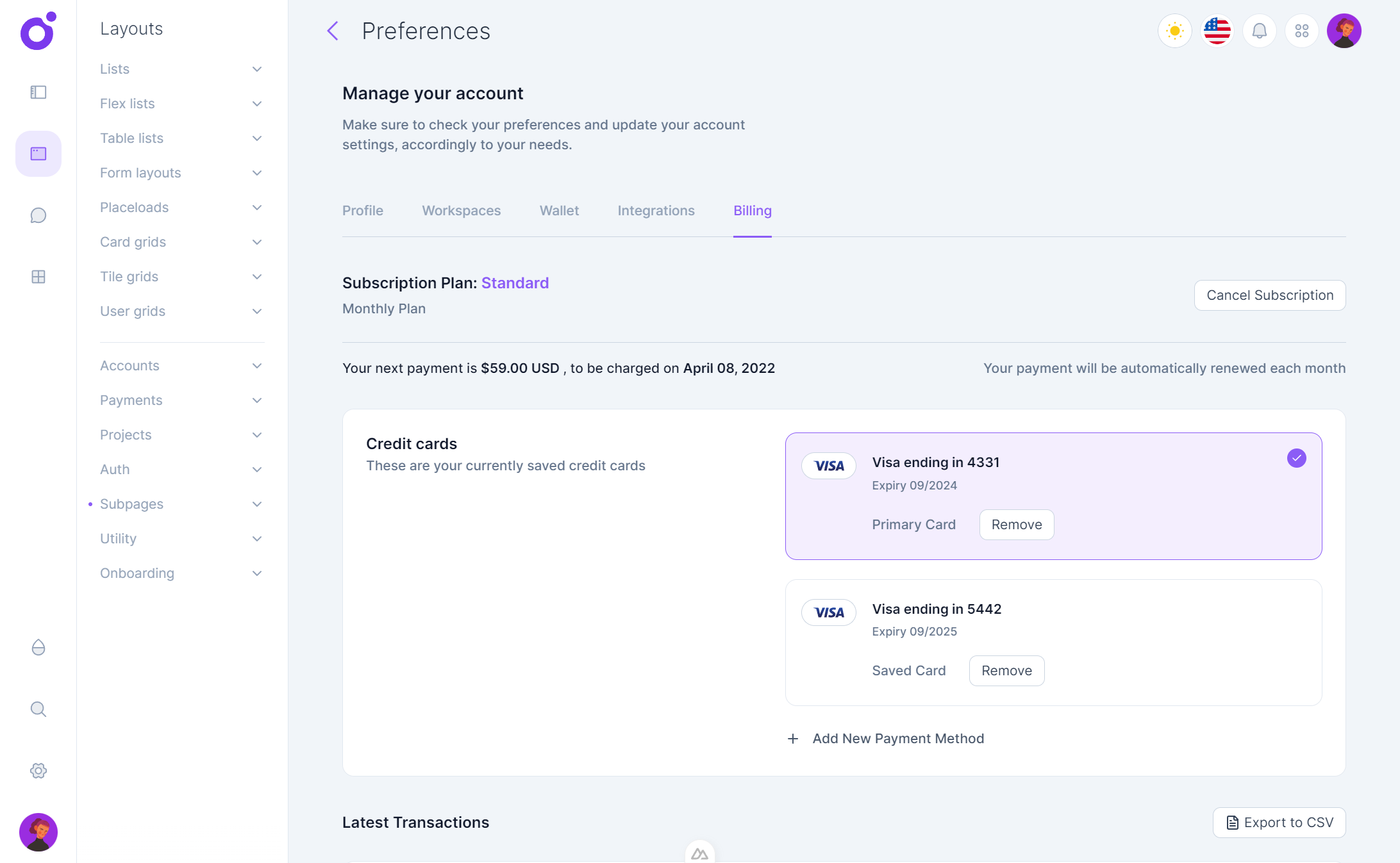 Tairo - Preferences - Billing
