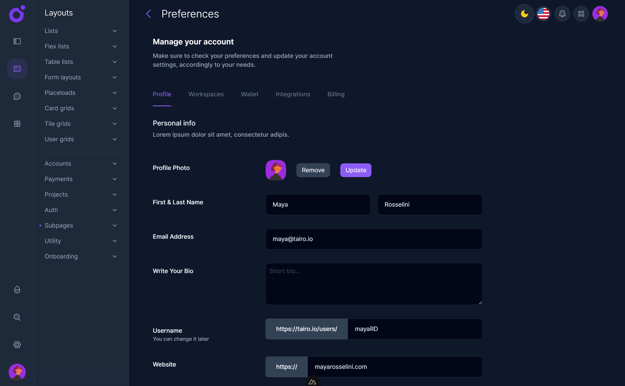 Tairo - Preferences - Profile